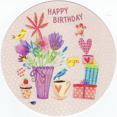 TAUSENDSCHÖN Happy Birthday / Geschenke + Blumen Postkarte rund